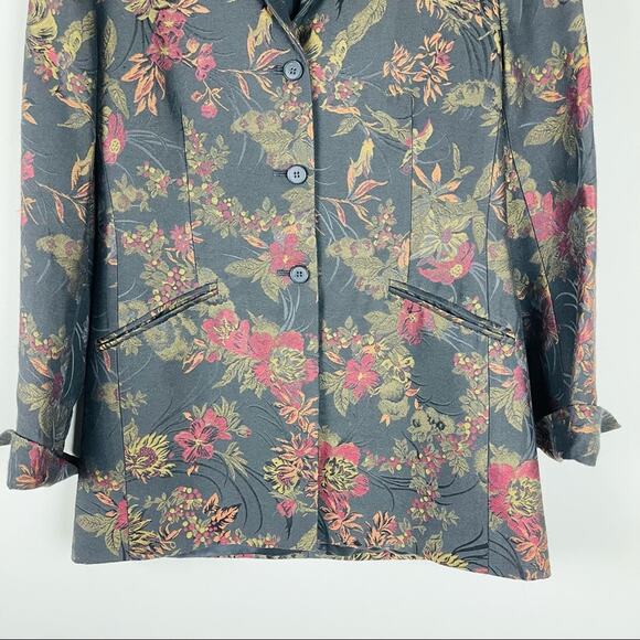 Jones NY black red floral brocade lightweight button blazer 6 - Picture 3 of 5